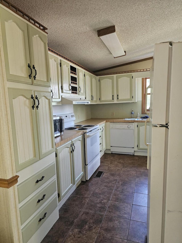 22460 Klines Resort Lot 117, Three Rivers, MI 49093 - kitchen with white appliances, a textured ceiling, light countertops, and under cabinet range hood