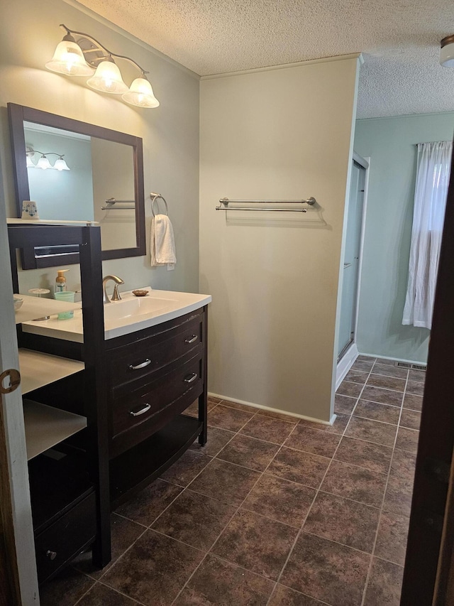 22460 Klines Resort Lot 117, Three Rivers, MI 49093 - bathroom with vanity, a textured ceiling, and a stall shower