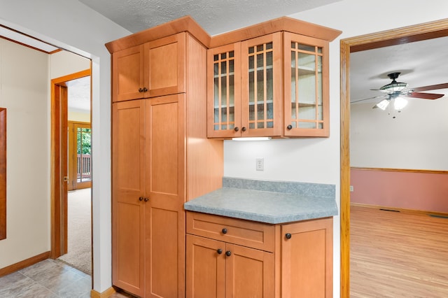 22100 N Uldriks Dr, Battle Creek, MI 49017 - kitchen with glass insert cabinets, a ceiling fan, light countertops, and ornamental molding