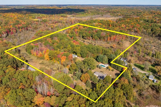 22100 N Uldriks Dr, Battle Creek, MI 49017 - aerial view of property and surrounding area featuring a forest and property parcel outlined