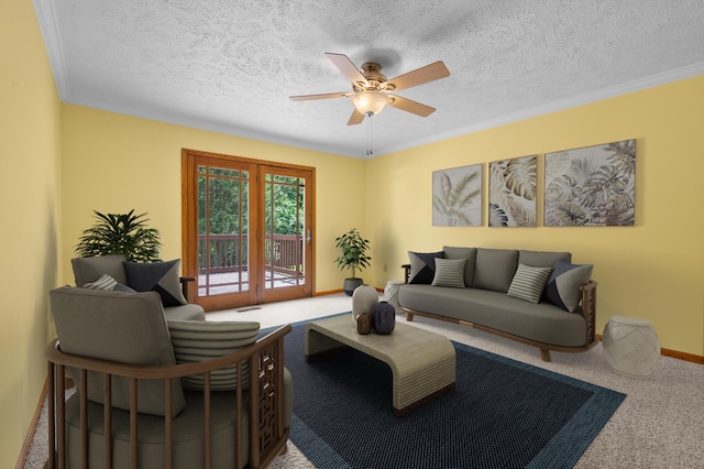 22100 N Uldriks Dr, Battle Creek, MI 49017 - living area with carpet floors, ceiling fan, ornamental molding, and a textured ceiling