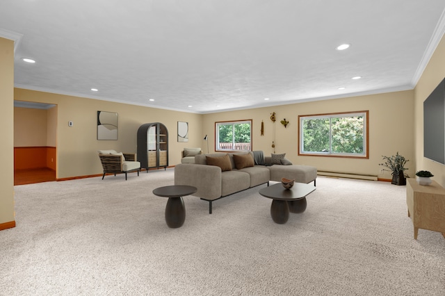 22100 N Uldriks Dr, Battle Creek, MI 49017 - carpeted living room with a baseboard heating unit, recessed lighting, and crown molding
