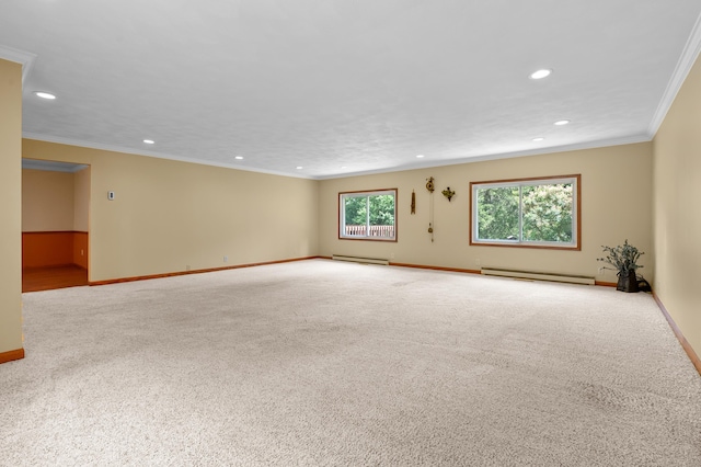 22100 N Uldriks Dr, Battle Creek, MI 49017 - spare room featuring a baseboard heating unit, carpet, recessed lighting, and ornamental molding