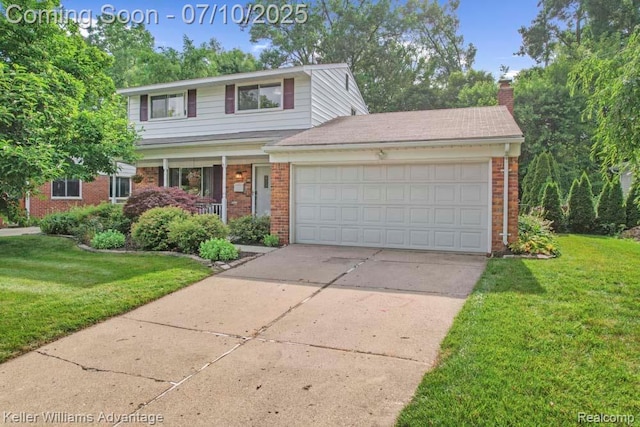 9157 Hackberry Ave, Plymouth, MI 48170 - traditional-style home with brick siding, a front lawn, an attached garage, and concrete driveway