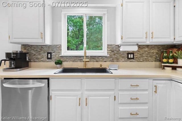 9157 Hackberry Ave, Plymouth, MI 48170 - kitchen featuring dishwasher, white cabinetry, light countertops, and tasteful backsplash
