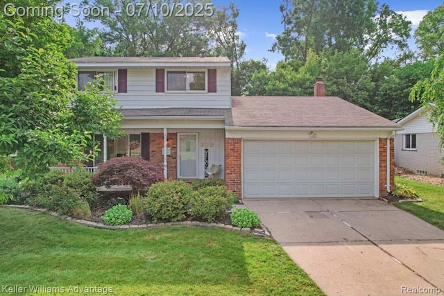 9157 Hackberry Ave, Plymouth, MI 48170 - traditional home with brick siding, driveway, a front lawn, a garage, and a chimney