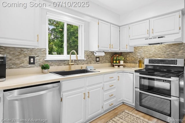 9157 Hackberry Ave, Plymouth, MI 48170 - kitchen with stainless steel appliances, under cabinet range hood, white cabinets, and light wood-style floors