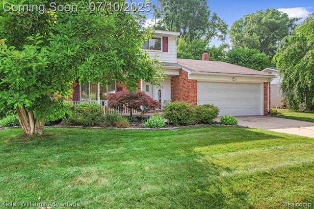 9157 Hackberry Ave, Plymouth, MI 48170 - view of front of house with an attached garage, brick siding, a front yard, and driveway