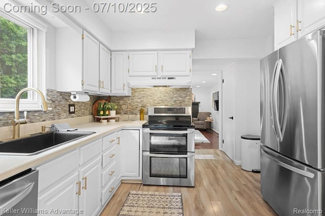 9157 Hackberry Ave, Plymouth, MI 48170 - kitchen with appliances with stainless steel finishes, under cabinet range hood, white cabinetry, light wood finished floors, and tasteful backsplash