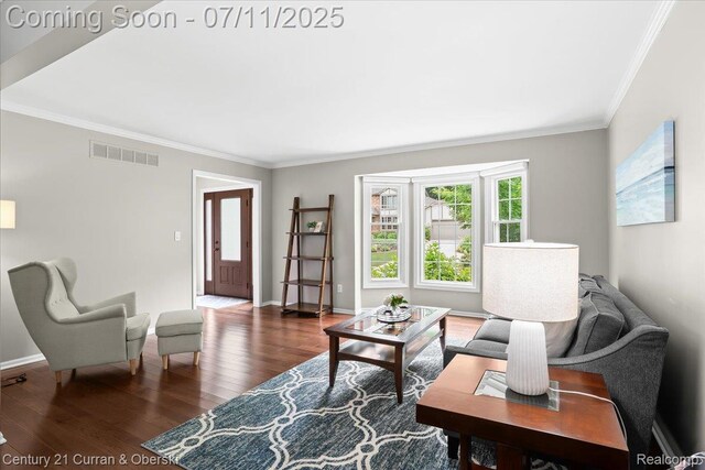 42369 Crestview Cir, Northville, MI 48168 - living room with ornamental molding and wood finished floors