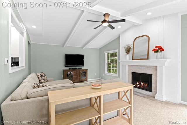 42369 Crestview Cir, Northville, MI 48168 - living room featuring recessed lighting, a ceiling fan, and a glass covered fireplace