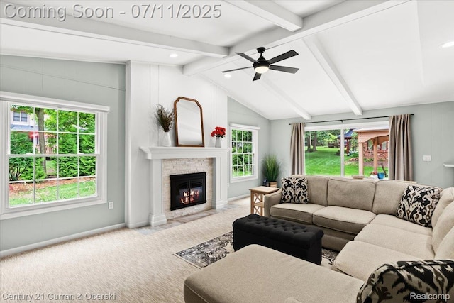 42369 Crestview Cir, Northville, MI 48168 - carpeted living room with a fireplace with flush hearth and a ceiling fan