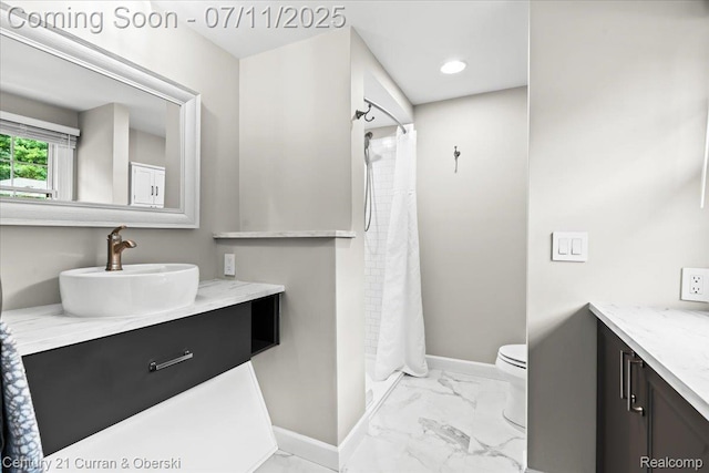 42369 Crestview Cir, Northville, MI 48168 - bathroom with vanity, marble look tiles, and curtained shower
