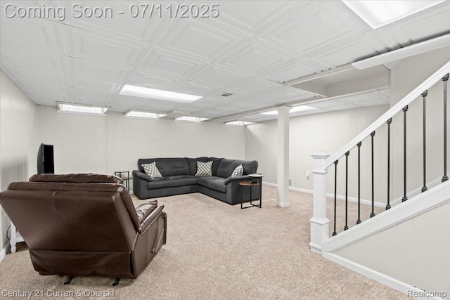 42369 Crestview Cir, Northville, MI 48168 - carpeted living room with stairway and baseboards