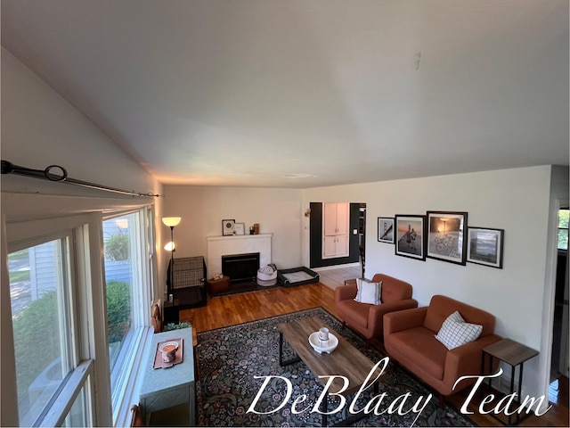 1056 Sherwood Rd, Muskegon, MI 49441 - living room with wood finished floors, a fireplace, and lofted ceiling