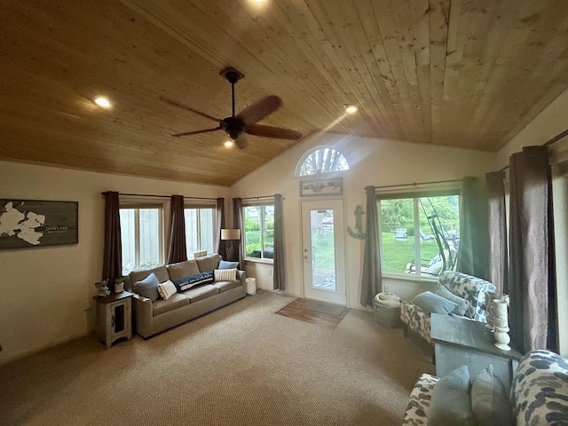 4111 E Joy Rd, Shelbyville, MI 49344 - carpeted living room with wood ceiling, lofted ceiling, a ceiling fan, and recessed lighting
