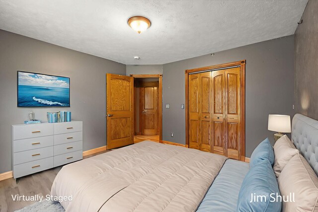 8201 Crocker Rd, Holton, MI 49425 - bedroom with a closet, light wood-style flooring, and a textured ceiling