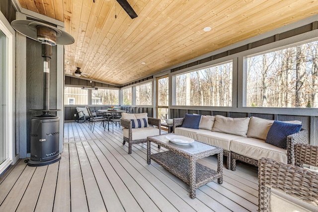 32 Walden Way, New Buffalo, MI 49117 - sunroom featuring an outdoor hangout area, ceiling fan, vaulted ceiling, and outdoor dining space
