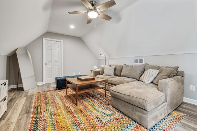 32 Walden Way, New Buffalo, MI 49117 - living area featuring light wood-style flooring, vaulted ceiling, and a ceiling fan