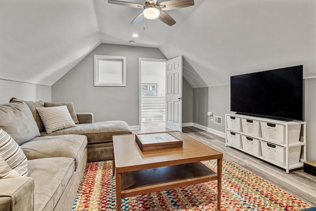 32 Walden Way, New Buffalo, MI 49117 - living room featuring light wood-style flooring, ceiling fan, lofted ceiling, and recessed lighting