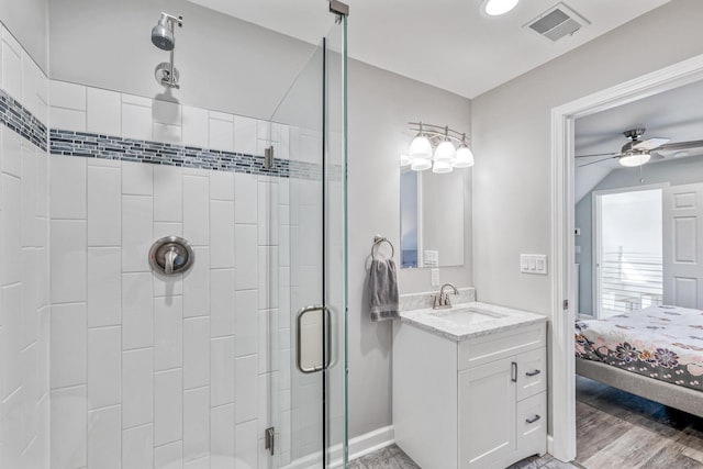32 Walden Way, New Buffalo, MI 49117 - ensuite bathroom featuring a shower stall, a ceiling fan, and vanity