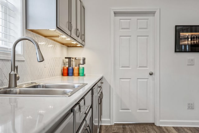 32 Walden Way, New Buffalo, MI 49117 - kitchen featuring decorative backsplash, gray cabinetry, dark wood-style floors, light countertops, and stainless steel dishwasher