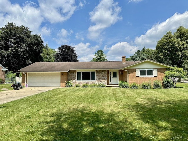 4650 Village Dr, Saginaw, MI 48638 - single story home with a garage, driveway, a front lawn, a chimney, and brick siding