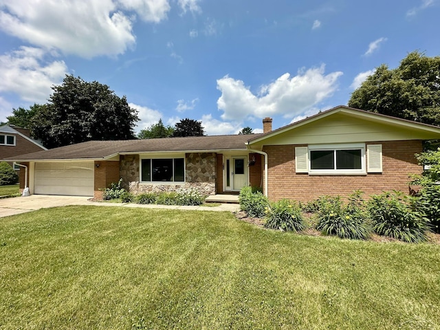 4650 Village Dr, Saginaw, MI 48638 - single story home featuring a chimney, an attached garage, concrete driveway, brick siding, and a front lawn