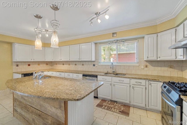 8400 Oak Shade Ct, Davison, MI 48423 - kitchen with white cabinetry, light tile patterned flooring, an island with sink, light stone counters, and crown molding