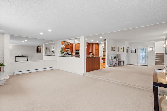 2323 Solano Dr, Wolverine Lake, MI 48390 - unfurnished living room featuring a baseboard heating unit, light carpet, stairs, recessed lighting, and a textured ceiling