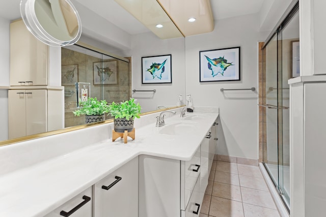 2323 Solano Dr, Wolverine Lake, MI 48390 - bathroom featuring double vanity, a stall shower, tile patterned flooring, and recessed lighting