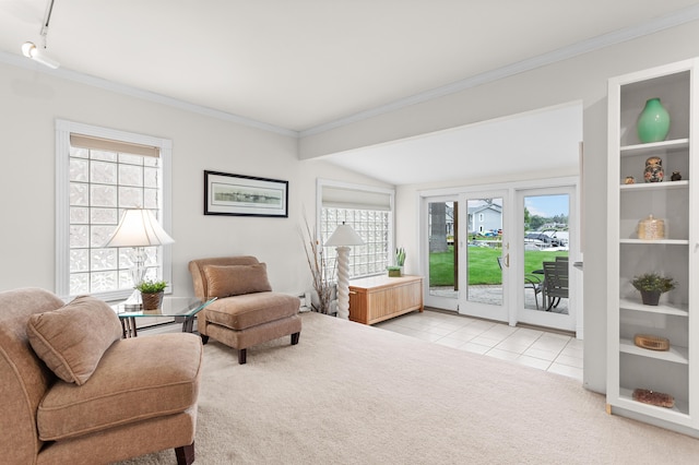 2323 Solano Dr, Wolverine Lake, MI 48390 - living area with ornamental molding, light tile patterned floors, light carpet, and track lighting