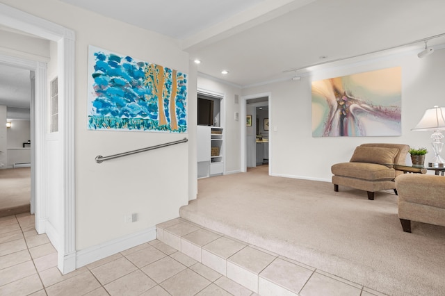 2323 Solano Dr, Wolverine Lake, MI 48390 - corridor featuring light colored carpet, light tile patterned floors, recessed lighting, a baseboard radiator, and ornamental molding