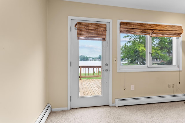 2323 Solano Dr, Wolverine Lake, MI 48390 - doorway to outside with a baseboard heating unit, carpet flooring, a water view, and baseboard heating