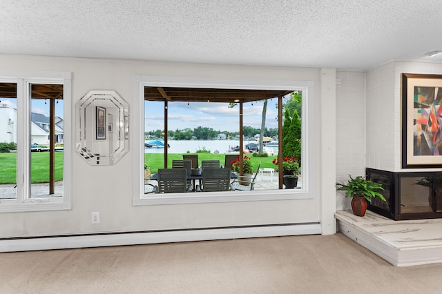 2323 Solano Dr, Wolverine Lake, MI 48390 - living area featuring carpet flooring, a textured ceiling, a baseboard heating unit, a water view, and a fireplace