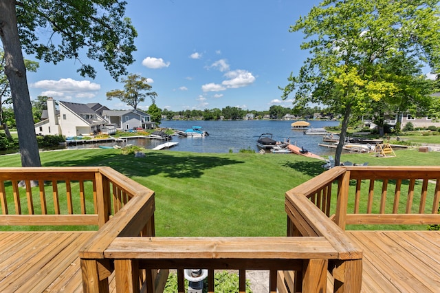 2323 Solano Dr, Wolverine Lake, MI 48390 - wooden terrace with a water view, a yard, and a boat dock