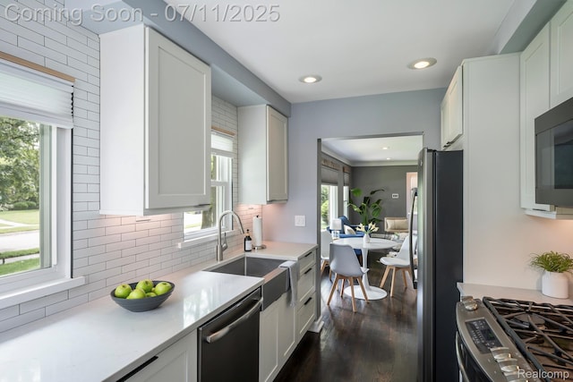 4412 Buckingham Rd, Royal Oak, MI 48073 - kitchen featuring stainless steel appliances, dark wood-type flooring, tasteful backsplash, light countertops, and recessed lighting