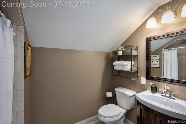 1416 N Alexander Ave, Royal Oak, MI 48067 - bathroom featuring vaulted ceiling, vanity, and a shower with shower curtain