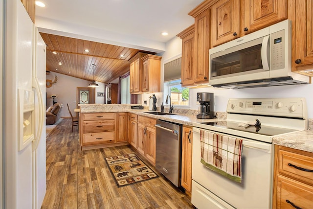 236 Jeffrey St NE, Cedar Springs, MI 49319 - kitchen featuring white appliances, wood finished floors, a peninsula, wooden ceiling, and recessed lighting