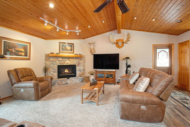 236 Jeffrey St NE, Cedar Springs, MI 49319 - living area with wooden ceiling, ceiling fan, a fireplace, recessed lighting, and track lighting
