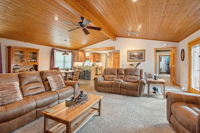 236 Jeffrey St NE, Cedar Springs, MI 49319 - living area featuring light colored carpet, wooden ceiling, a ceiling fan, and recessed lighting