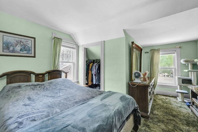 318 E Adrian St, Blissfield, MI 49228 - carpeted bedroom with lofted ceiling, multiple windows, and a closet