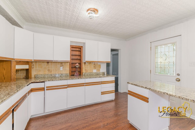 445 Prince St SE, Grand Rapids, MI 49507 - kitchen with crown molding, tasteful backsplash, white cabinets, wood finished floors, and light stone counters