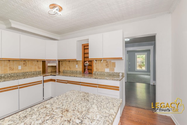 445 Prince St SE, Grand Rapids, MI 49507 - kitchen with crown molding, decorative backsplash, wood finished floors, white cabinetry, and light stone countertops