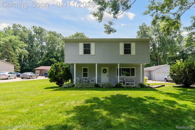 5045 Pine Knob Trl, Clarkston, MI 48346 - colonial house with covered porch, a front yard, and an outdoor structure