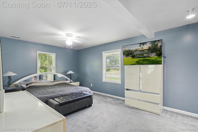 5045 Pine Knob Trl, Clarkston, MI 48346 - bedroom featuring multiple windows, carpet floors, beam ceiling, and ceiling fan