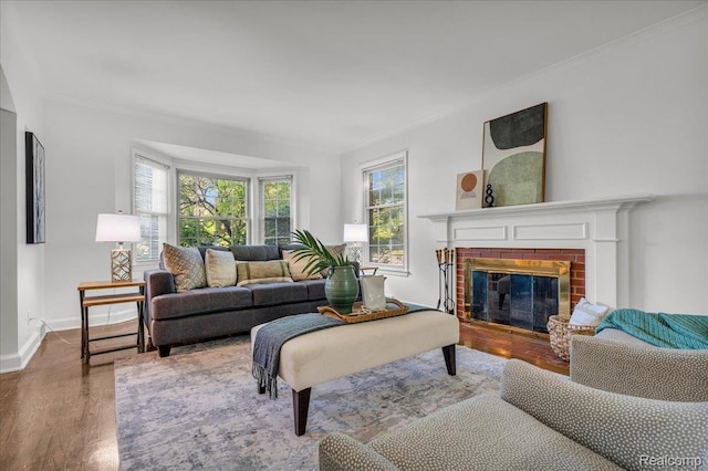 4800 Bishop St, Detroit, MI 48224 - living room with wood finished floors, a fireplace, and crown molding