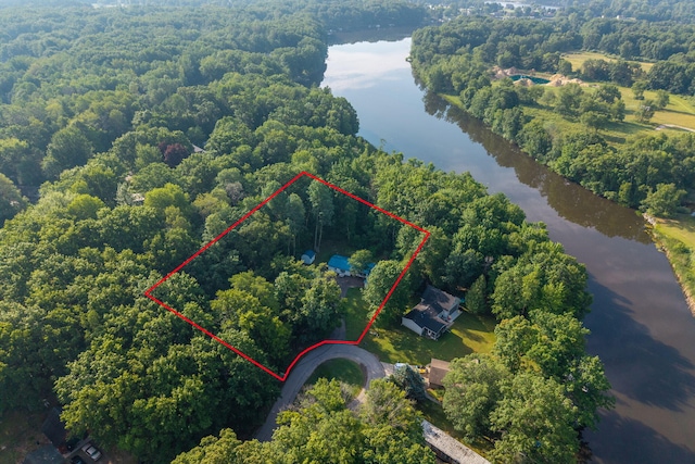 1051 Vallado Dr, Weidman, MI 48893 - aerial view of property's location with a large body of water and property boundaries highlighted