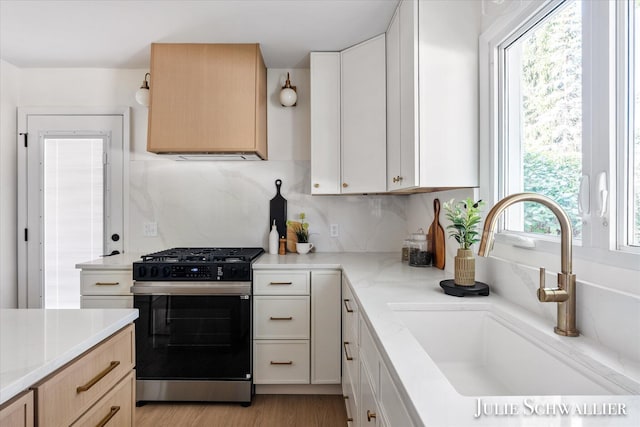 751 Old Gate Rd NW, Grand Rapids, MI 49504 - kitchen with stainless steel gas range, healthy amount of natural light, decorative backsplash, and light wood-style floors