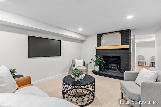751 Old Gate Rd NW, Grand Rapids, MI 49504 - carpeted living room featuring a brick fireplace and recessed lighting